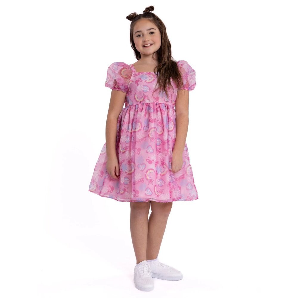 Barbie Girls Dress Rainbow Pattern Printed Puff Short Sleeve Pink Pullover Style